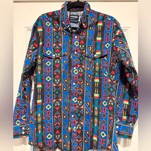 VINTAGE! Wrangler Brushpopper Aztec Southwest Shirt 16-1/2-34 X-Long Tails
